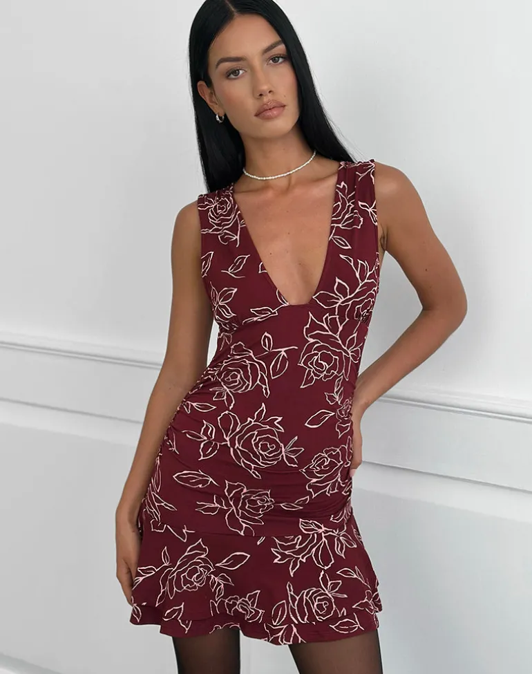 Lanai Mini Dress in Outline Rose Maroon