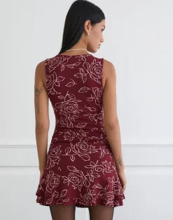 Lanai Mini Dress in Outline Rose Maroon