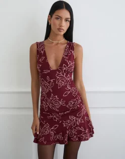 Lanai Mini Dress in Outline Rose Maroon