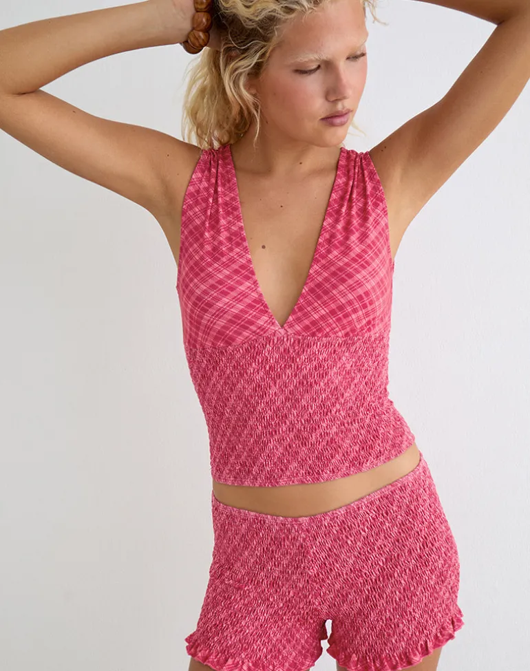 Lantia Shirred Top in Tilted Check Pink