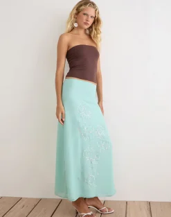 Larina Maxi Skirt in Chiffon Floral Sequin Turquoise