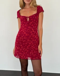 Lashka Mini Dress in Red Grunge Floral Flock