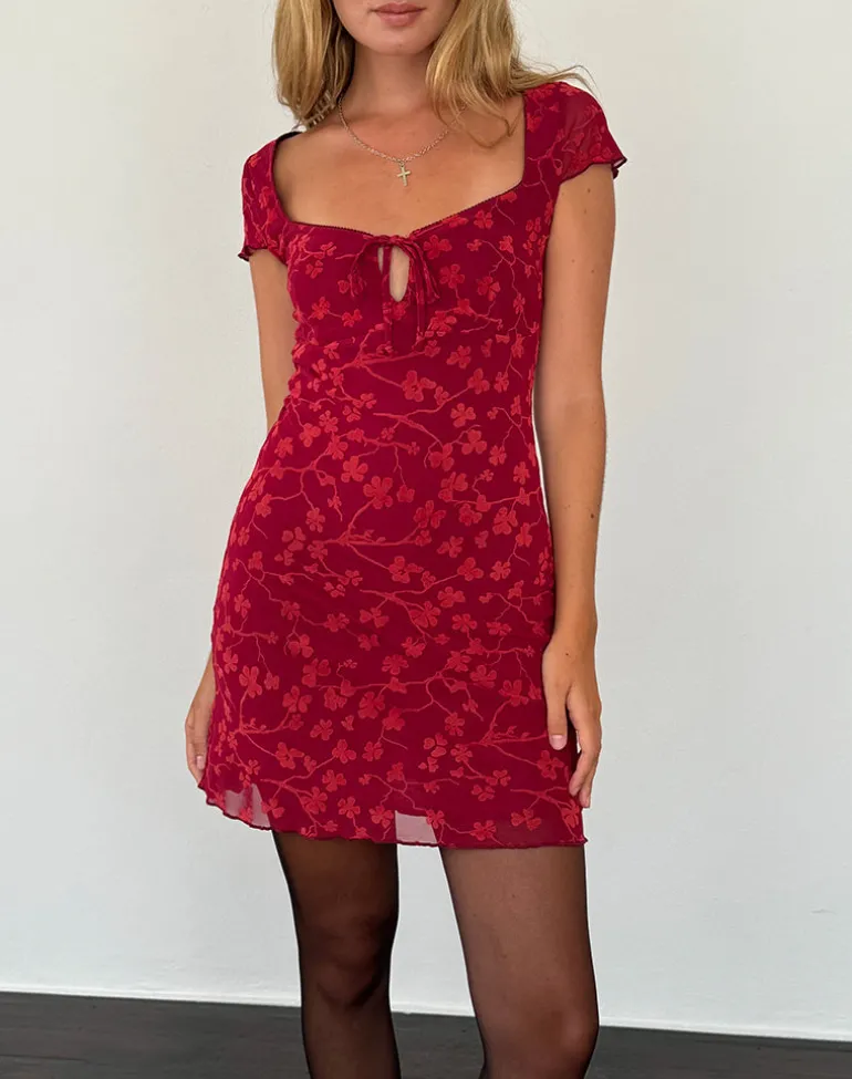 Lashka Mini Dress in Red Grunge Floral Flock