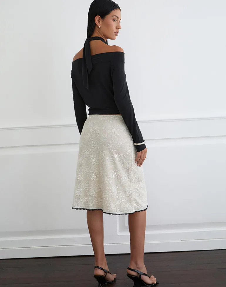 Laykha Midi Skirt in Ivory Lace with Black Vine Print