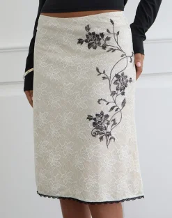 Laykha Midi Skirt in Ivory Lace with Black Vine Print