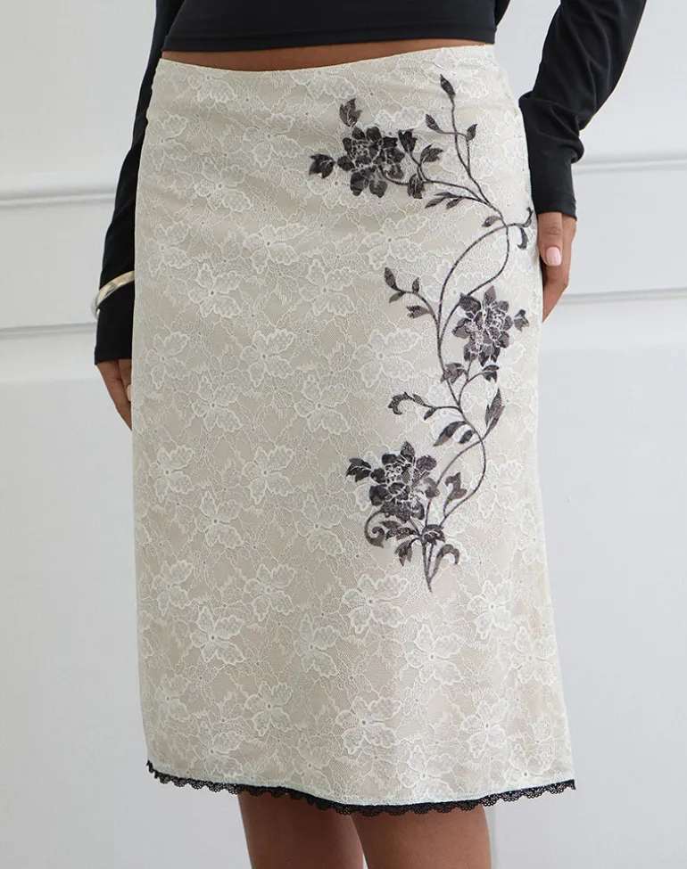 Laykha Midi Skirt in Ivory Lace with Black Vine Print