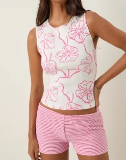 Leen Tank Top in White with Pink Hibiscus Doodle Print
