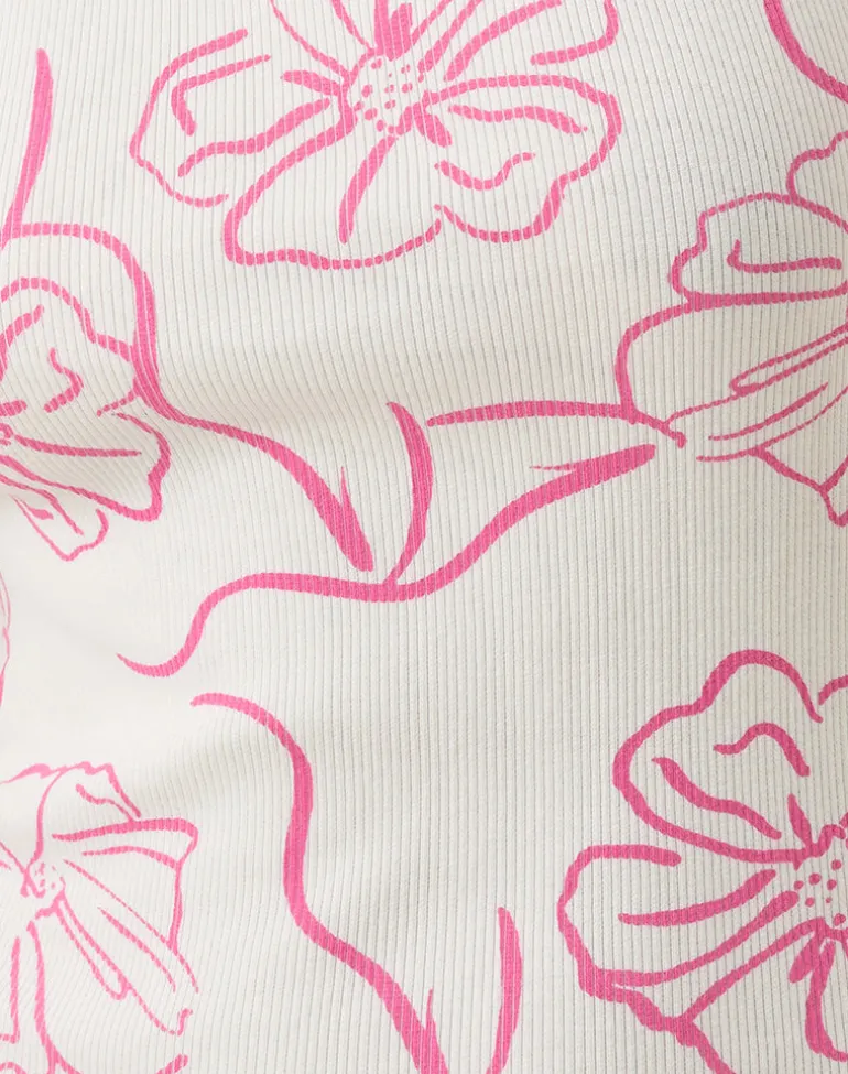 Leen Tank Top in White with Pink Hibiscus Doodle Print