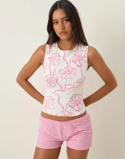 Leen Tank Top in White with Pink Hibiscus Doodle Print