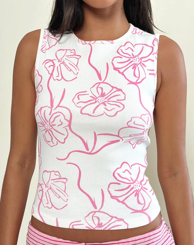 Leen Tank Top in White with Pink Hibiscus Doodle Print