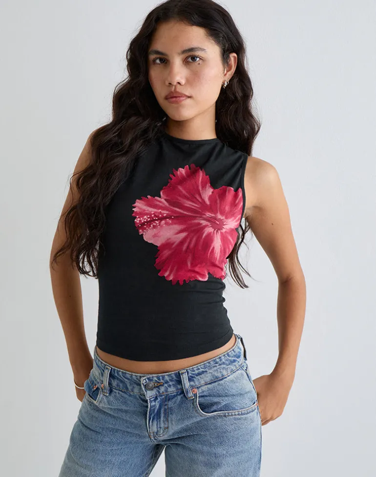 Leen Top in Black Hibiscus Flower Pink