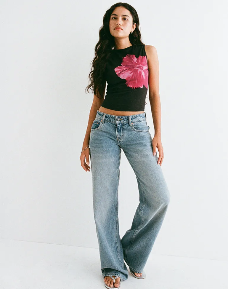 Leen Top in Black Hibiscus Flower Pink