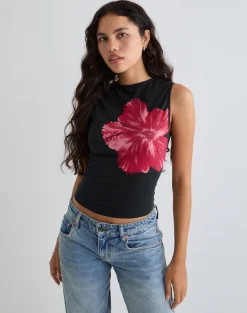Leen Top in Black Hibiscus Flower Pink