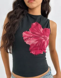 Leen Top in Black Hibiscus Flower Pink