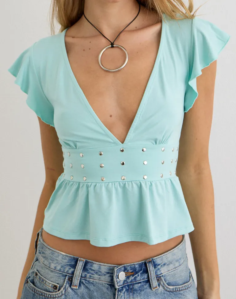 Leisma Frill Top in Jersey Aqua with Studs