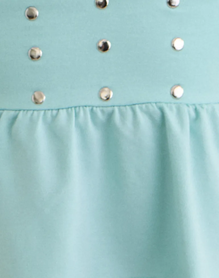 Leisma Frill Top in Jersey Aqua with Studs
