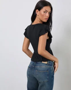 Leisma Frill Top in Jersey Black with Studs