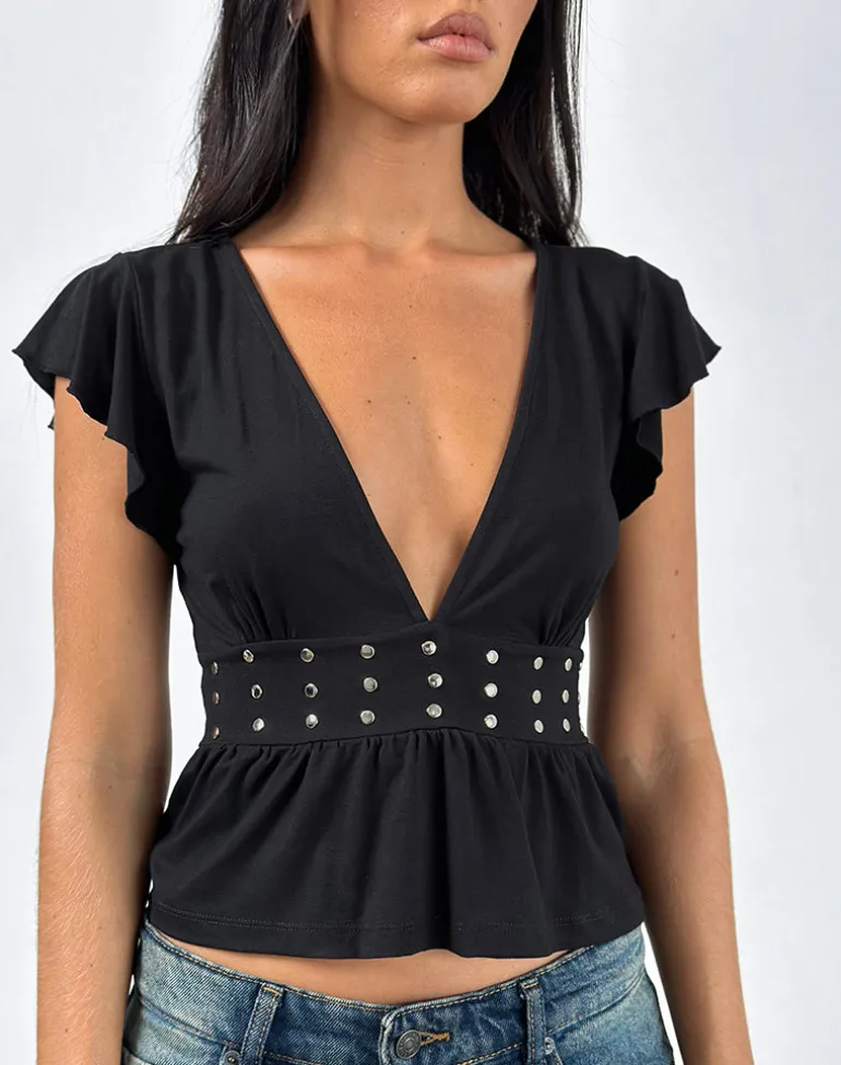Leisma Frill Top in Jersey Black with Studs