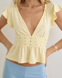 Leisma Frill Top in Jersey Lemon with Studs