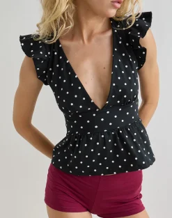 Leisna Frill Top in Polka Black