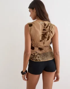 Lentera V-Neck Top in Floral Devore Beige