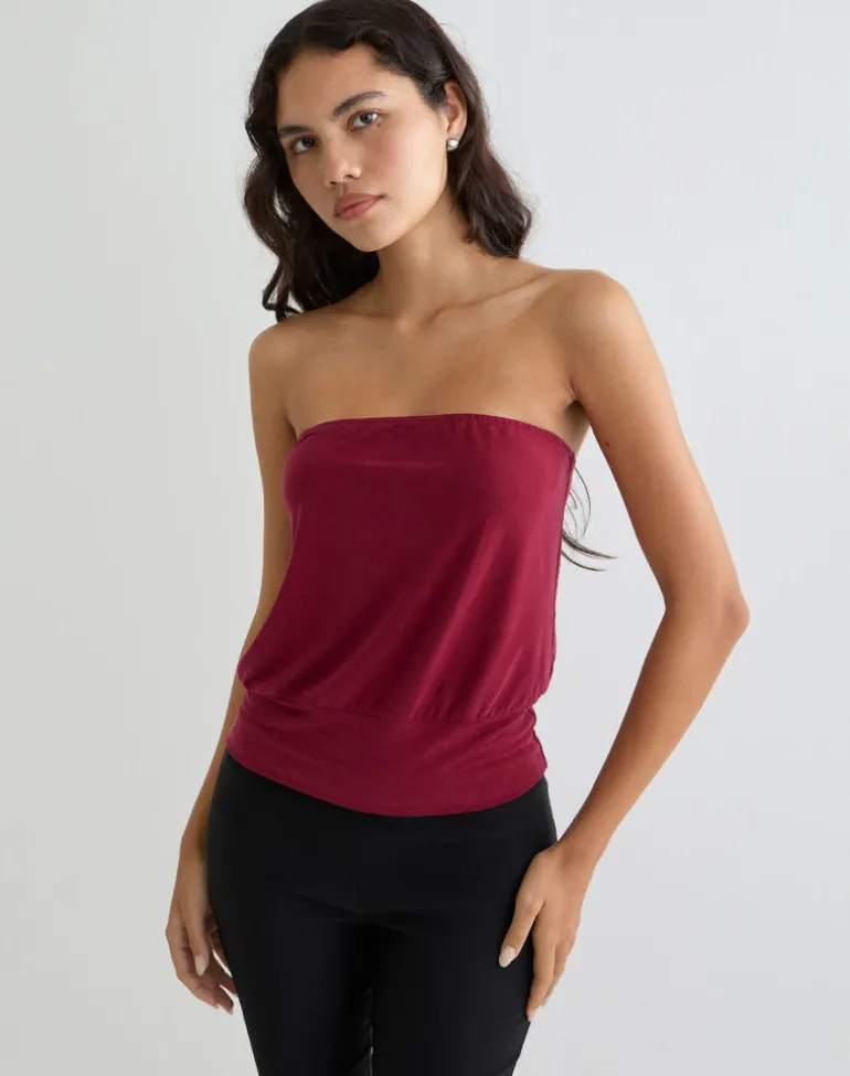 Leocadia Bandeau Top in Cupro Dark Red