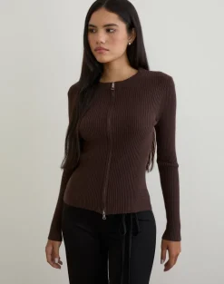 Liano Zip Cardigan in Rib Knit Brown