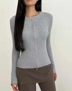 Liano Zip Cardigan in Rib Knit Grey