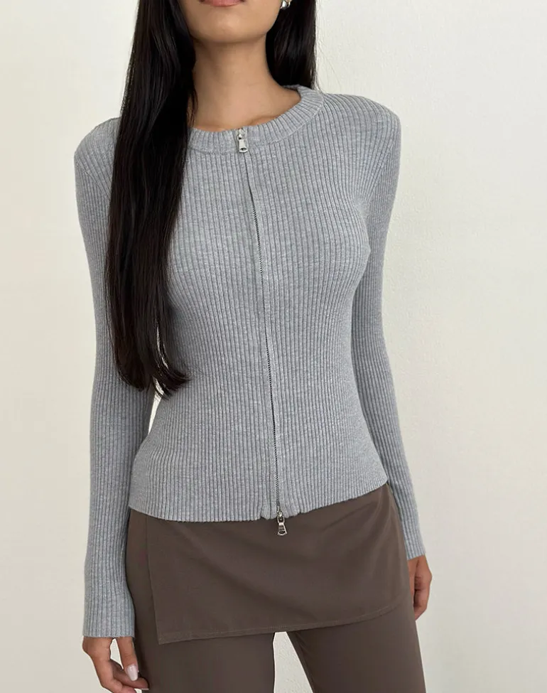 Liano Zip Cardigan in Rib Knit Grey