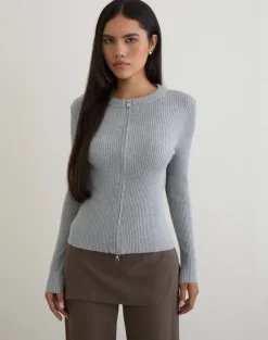 Liano Zip Cardigan in Rib Knit Grey