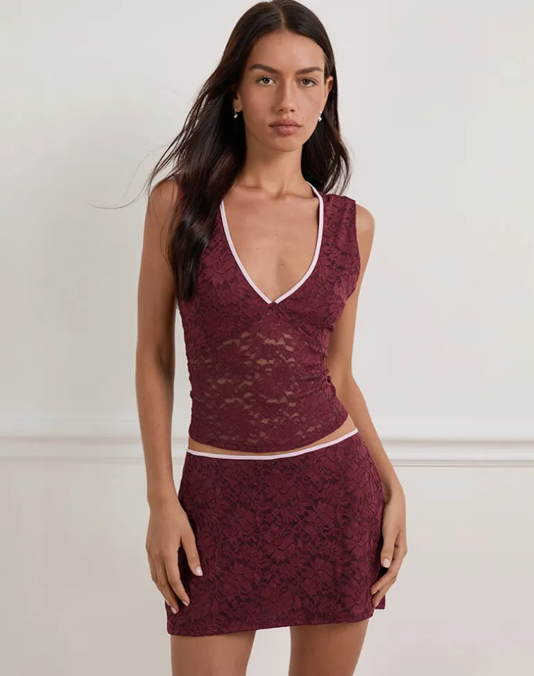 Lihat Top in Lace Burgundy with Pink Binding