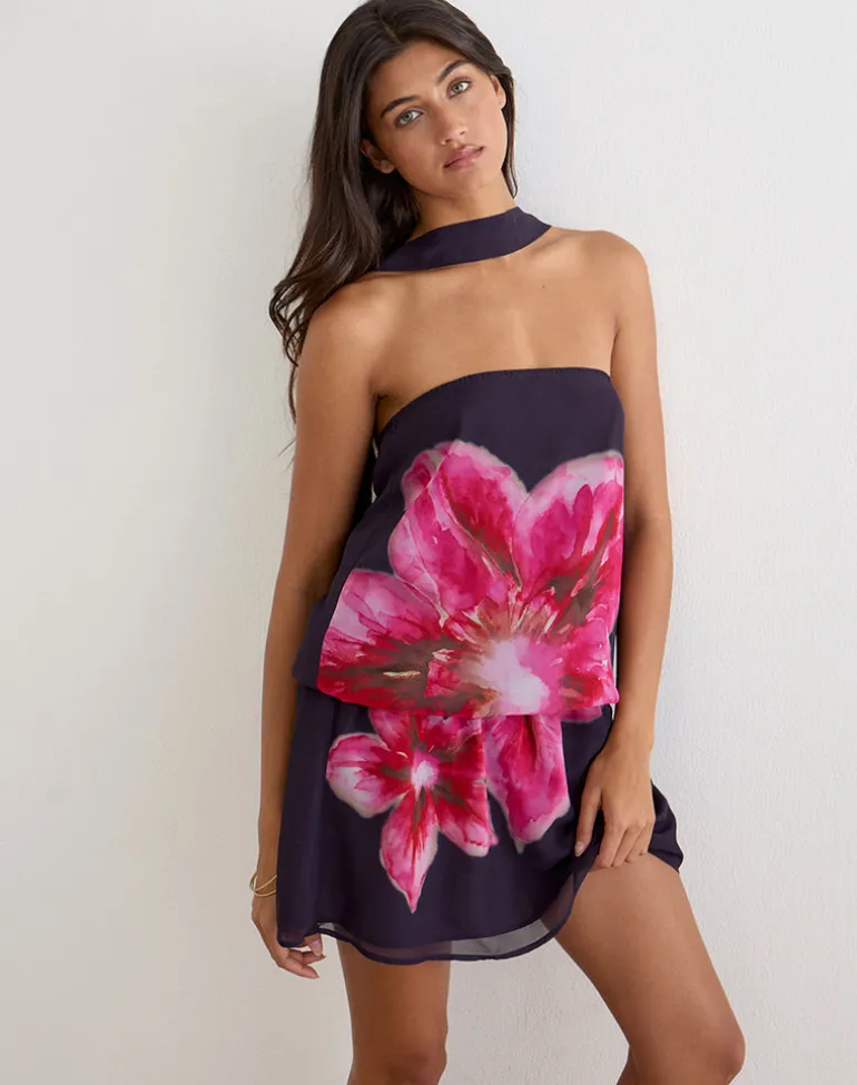 Lilira Mini Dress in Purple Chiffon with Desert Flower