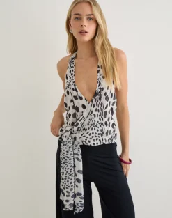 Lilita Halterneck Top in Dalmatian Skin Black and Ivory