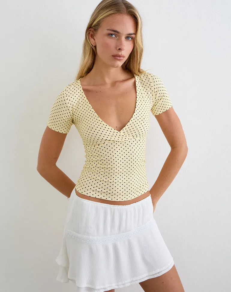 Lobos Crossover Top in Butter Yellow with Micro Polka Dots