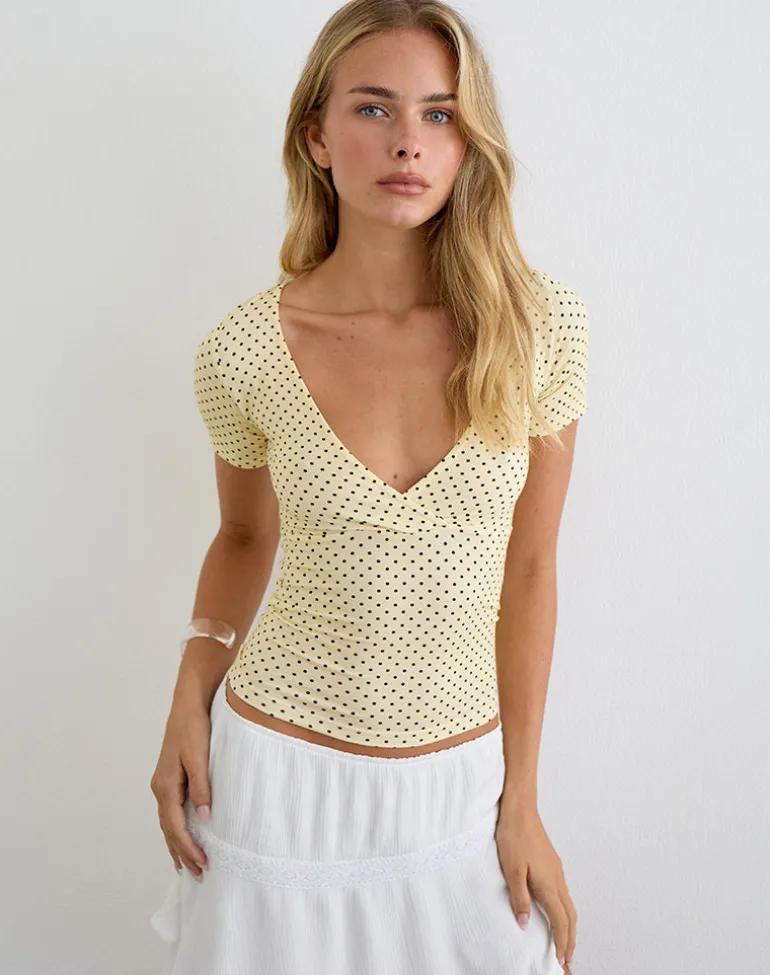 Lobos Crossover Top in Butter Yellow with Micro Polka Dots