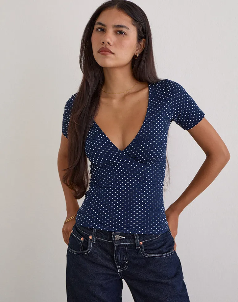Lobos Crossover Top in Jersey Micro Polka Navy