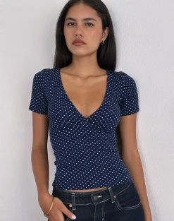 Lobos Crossover Top in Jersey Micro Polka Navy