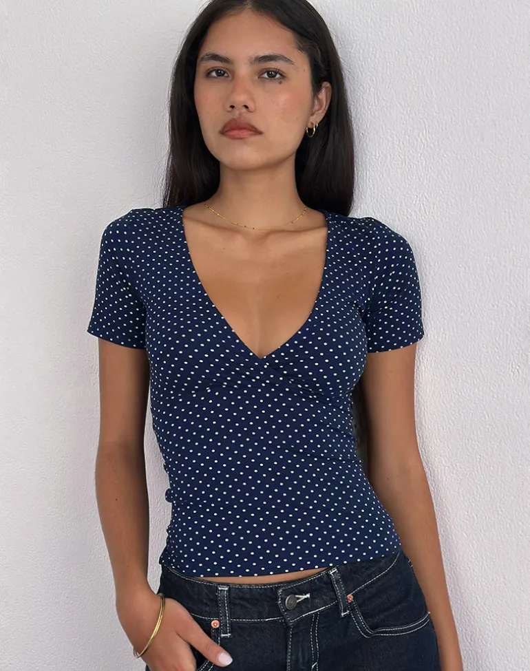 Lobos Crossover Top in Jersey Micro Polka Navy