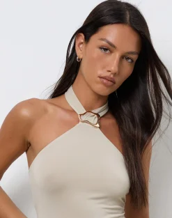 Lorie Halterneck Top in Cupro Oatmilk with Metal Ring