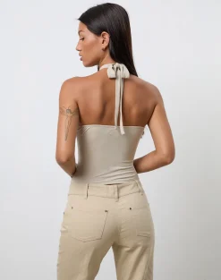 Lorie Halterneck Top in Cupro Oatmilk with Metal Ring