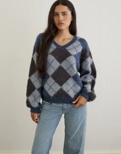 Louna Jumper in Knit Argyle Check Navy