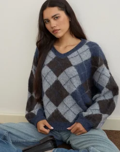 Louna Jumper in Knit Argyle Check Navy