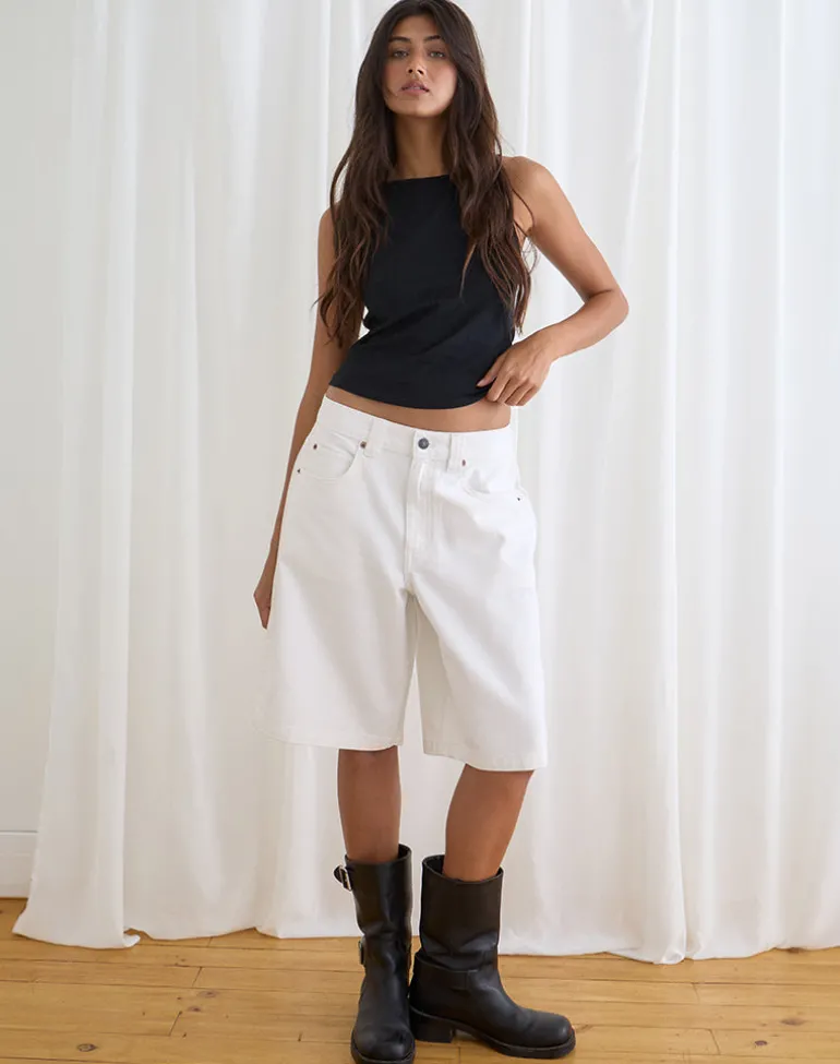 Low Rise Denim Skater Short in True White