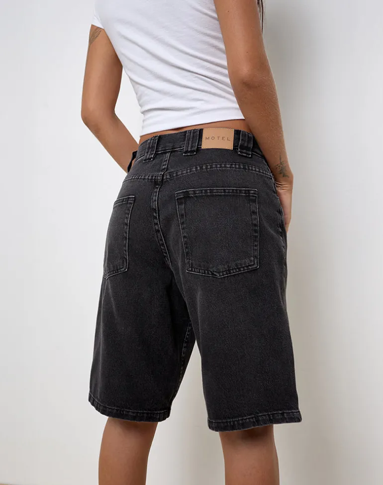 Low Rise Denim Skater Short in Washed Black Grey