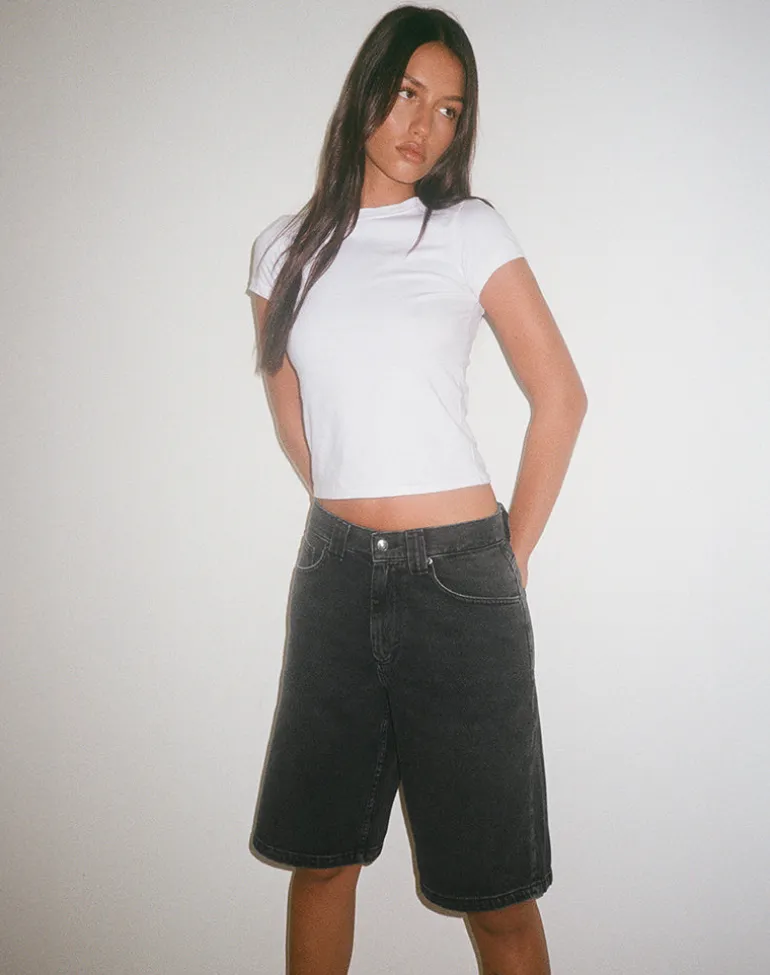 Low Rise Denim Skater Short in Washed Black Grey