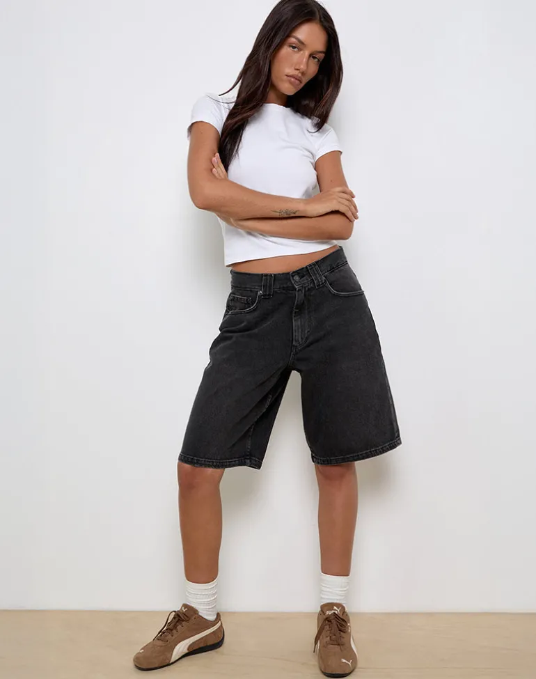 Low Rise Denim Skater Short in Washed Black Grey