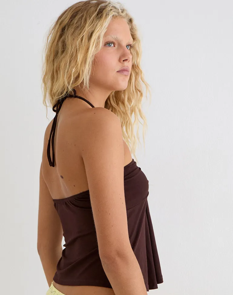 Lue Halterneck Top in Rayon Jersey Chocolate Brown