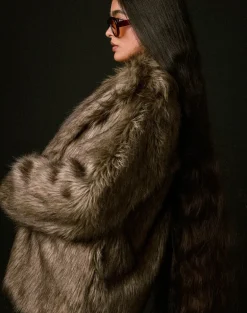 Lupita Jacket in Faux Long Fur Brown