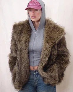Lupita Jacket in Faux Long Fur Brown