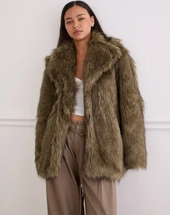 Lupita Jacket in Faux Long Fur Brown